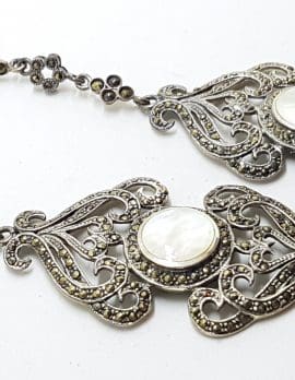 Sterling Silver Marcasite & Mother of Pearl Very Large & Long Ornate Drop Earrings