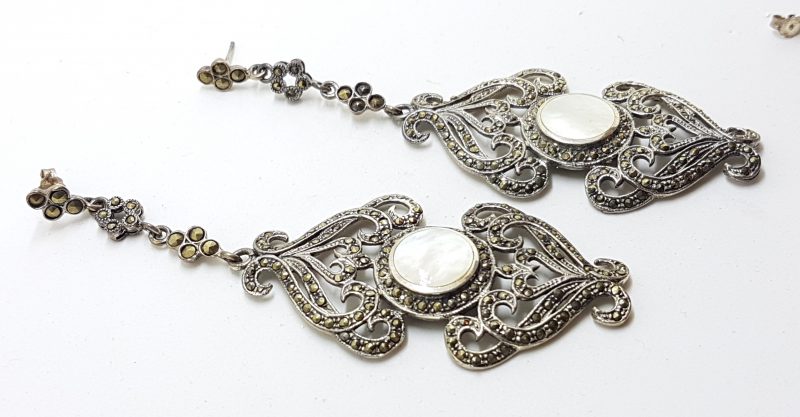 Sterling Silver Marcasite & Mother of Pearl Very Large & Long Ornate Drop Earrings