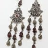 Sterling Silver Marcasite & Garnet Very Long Ornate Drop Earrings