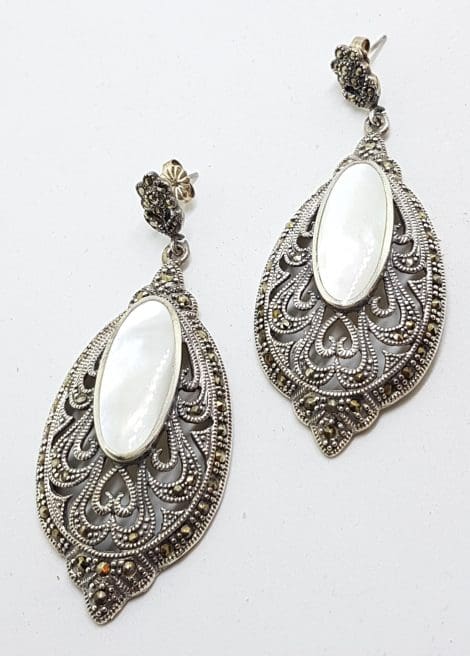 Sterling Silver Marcasite & Mother of Pearl Large Ornate Filigree Drop Earrings
