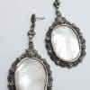 Sterling Silver Marcasite & Mother of Pearl Large & Long Oval Drop Earrings