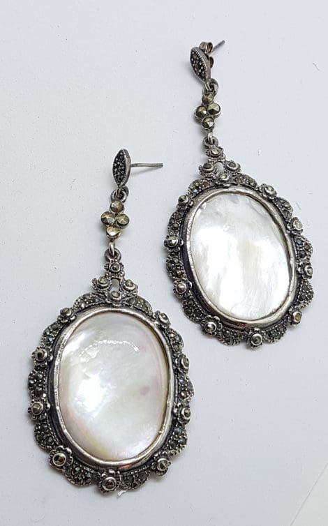 Sterling Silver Marcasite & Mother of Pearl Large & Long Oval Drop Earrings