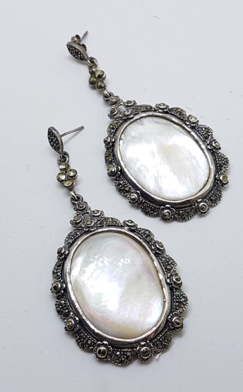 Sterling Silver Marcasite & Mother of Pearl Large & Long Oval Drop Earrings