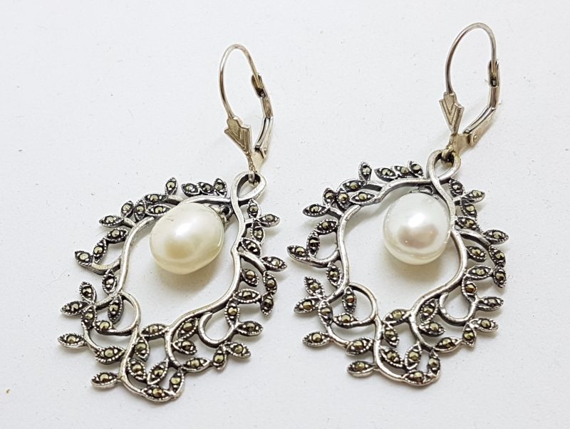20200525_190801 Sterling Silver Marcasite Pearl Large Ornate Drop Earrings