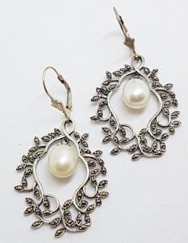Sterling Silver Marcasite Pearl Large Ornate Drop Earrings