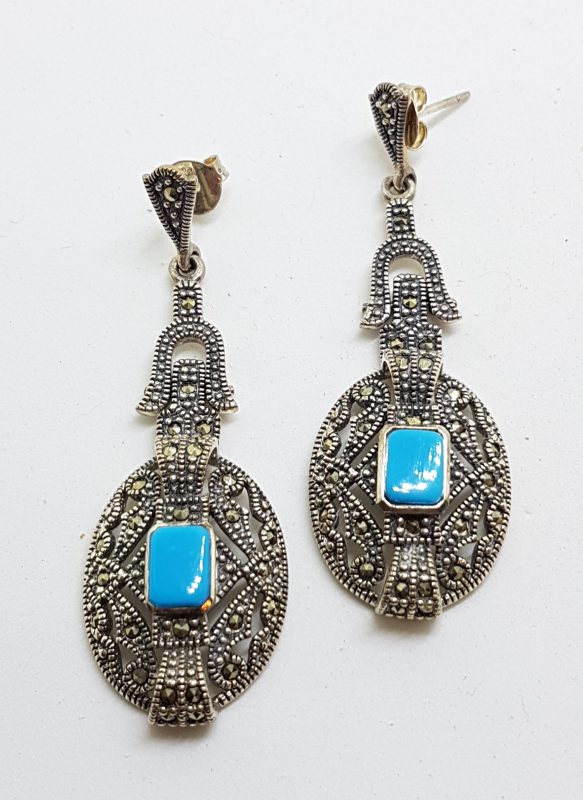 Sterling Silver Marcasite Long Drop Earrings with Reconstituted Turquoise