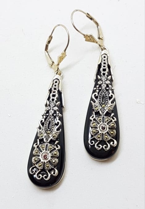 Sterling Silver Marcasite, Onyx and Garnet Large Ornate Drop Earrings