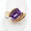 9ct Rose Gold Large Amethyst with Diamond Ring - Unusual Shape Ring