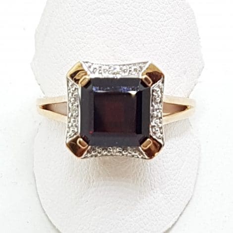 9ct Rose Gold Square Garnet with Diamonds Ring