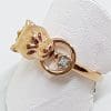 9ct Rose Gold Jaguar Head Ring with Pink Sapphire Eyes and Diamond in Ring