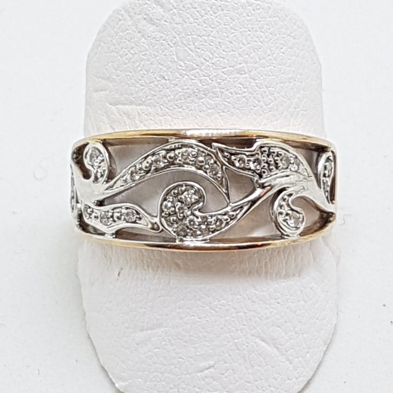 20200601_112709 9ct Rose Gold and White Gold Ornate Filigree Design Wide Diamond Ring