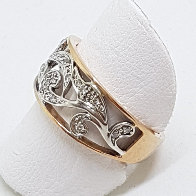 20200601_112724 9ct Rose Gold and White Gold Ornate Filigree Design Wide Diamond Ring
