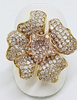 9ct Three Tone Gold - Rose, Yellow, White - Large Cubic Zirconia Flower Cocktail Ring
