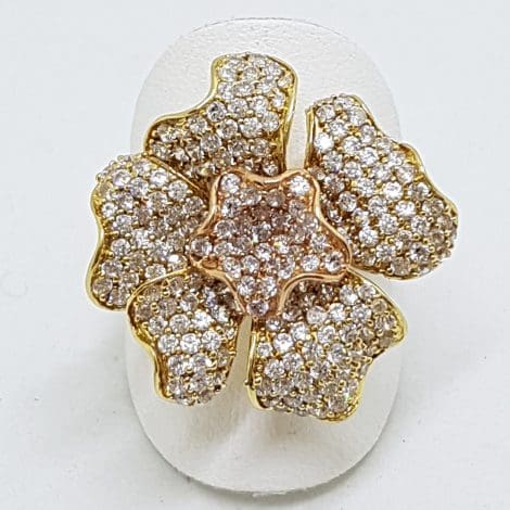 9ct Three Tone Gold - Rose, Yellow, White - Large Cubic Zirconia Flower Cocktail Ring