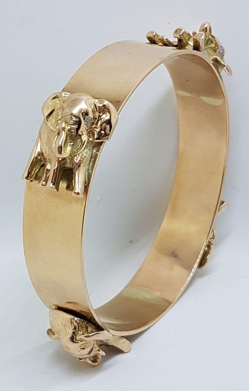 20200601_115856 9ct Rose Gold Handmade Elephant Motif Diamond Bangle/Upper Arm Bangle - Large Size - Very Heavy