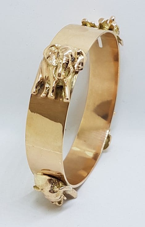 9ct Rose Gold Handmade Elephant Motif Diamond Bangle/Upper Arm Bangle - Large Size - Very Heavy