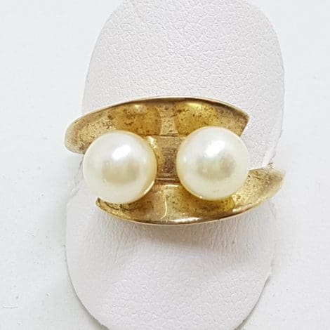 9ct Yellow Gold Two Pearl Unusual Shell Ring