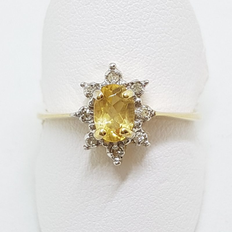 9ct Yellow Gold Oval Citrine and Diamond Cluster Ring