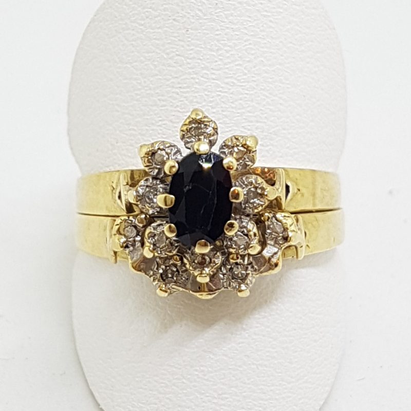 20200601_194034 9ct Yellow Gold Sapphire and Diamond Oval Cluster Engagement and Wedding Ring Set
