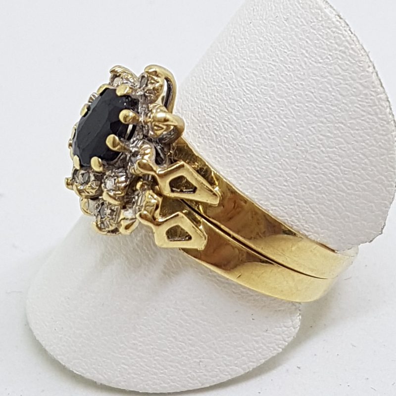 20200601_194048 9ct Yellow Gold Sapphire and Diamond Oval Cluster Engagement and Wedding Ring Set
