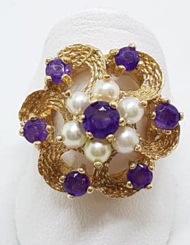 9ct Yellow Gold Amethyst Seedpearl Cluster Ring