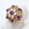 9ct Yellow Gold Amethyst Seedpearl Cluster Ring