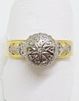 18ct Yellow Gold & Platinum Diamond High Round Ornate Cluster Ring