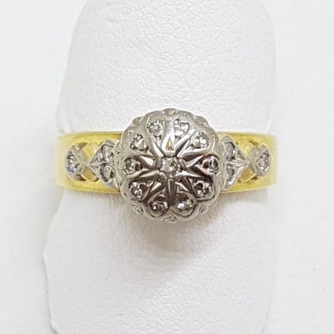 18ct Yellow Gold & Platinum Diamond High Round Ornate Cluster Ring