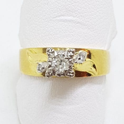 18ct Yellow Gold & Platinum Solitaire Diamond Ornate High Set Square Ring