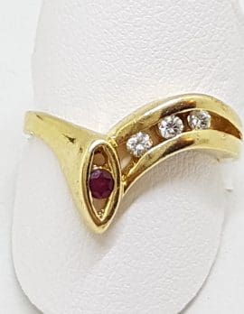 9ct Yellow Gold Natural Ruby & Diamond Unusual Curved Wishbone Ring