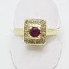 18ct Yellow Gold Natural Ruby & Diamond Square Cluster Ring