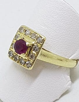 18ct Yellow Gold Natural Ruby & Diamond Square Cluster Ring