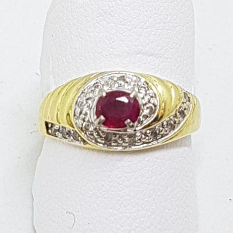 18ct Yellow Gold Natural Ruby & Cubic Zirconia Cluster Ring
