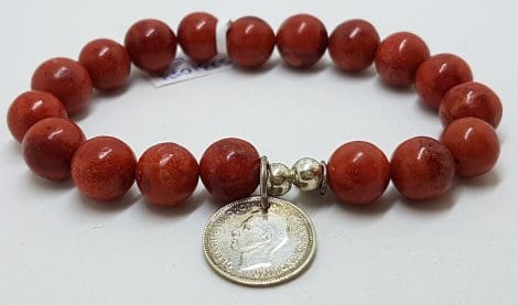 Sterling Silver Coral Bead Bracelet with Coin Charm