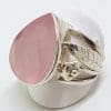 Sterling Silver Large Teardrop Shape Ornate Leaf Design Rose Quartz Ring