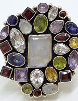 Sterling Silver Large Multi-Coloured Gemstones Cluster Ring
