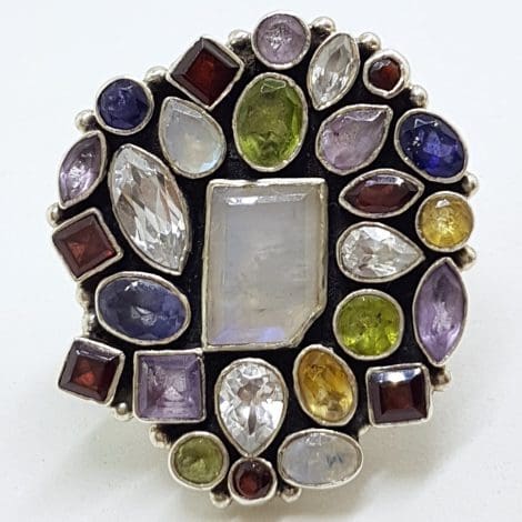 Sterling Silver Large Multi-Coloured Gemstones Cluster Ring