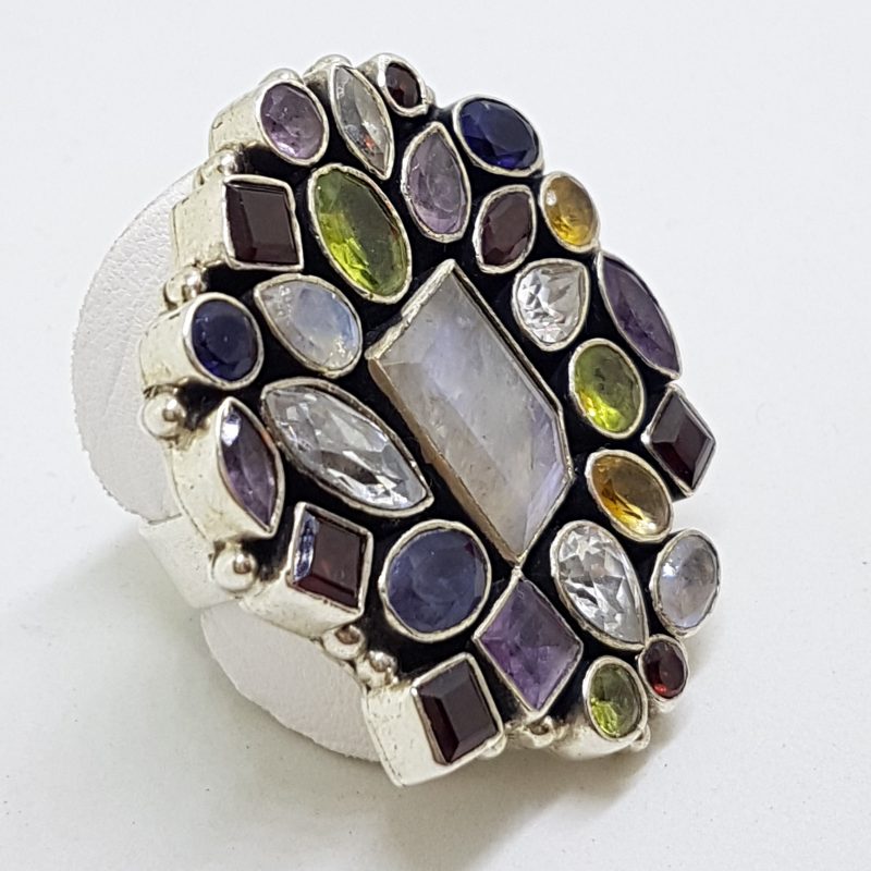 Sterling Silver Large Multi-Coloured Gemstones Cluster Ring
