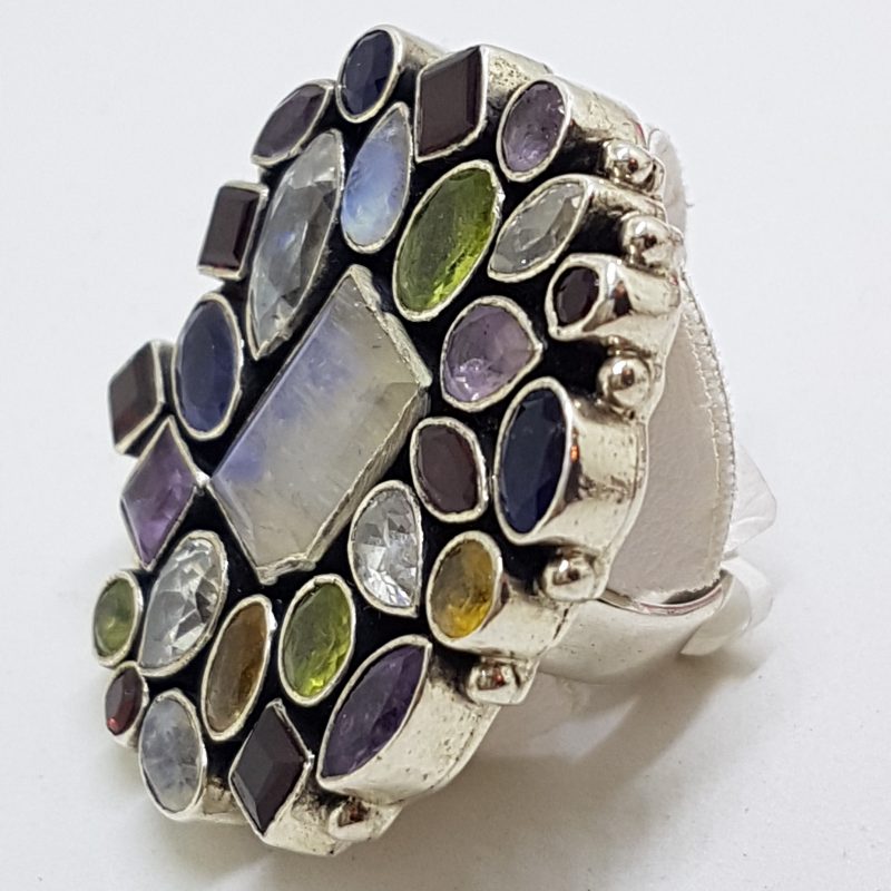 Sterling Silver Large Multi-Coloured Gemstones Cluster Ring