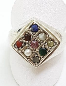 Sterling Silver Square Multi-Coloured Gemstones Cluster Ring - Navaratna