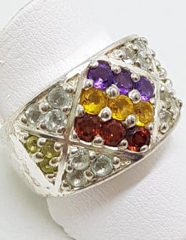 Sterling Silver Multi-Coloured Gemstones Wide Band Ring