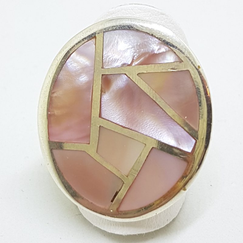 20200608_201922 Sterling Silver Pink Mother of Pearl Large Oval Patterned Ring