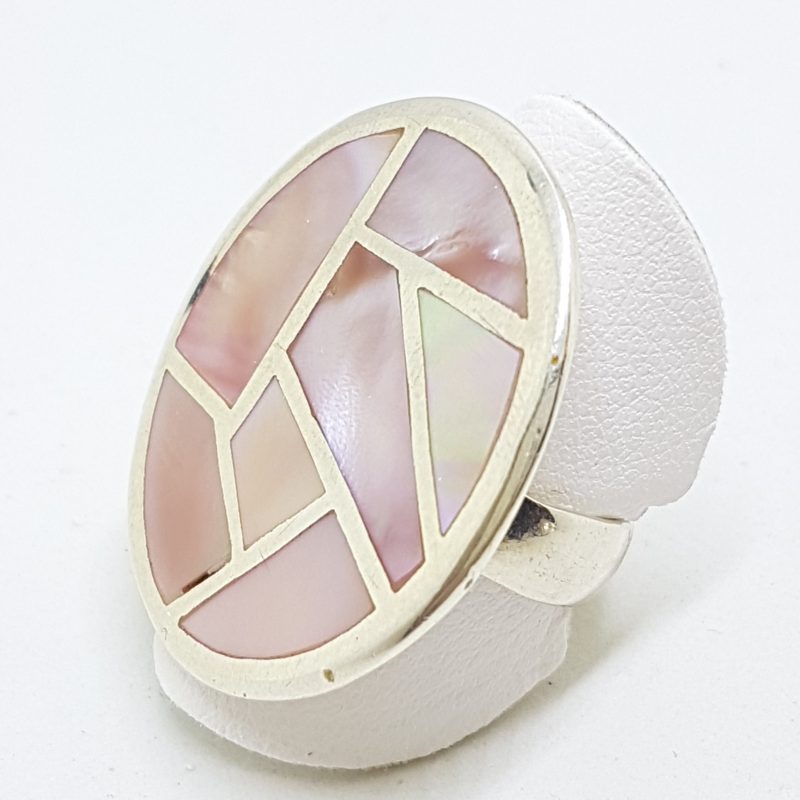 20200608_201934 Sterling Silver Pink Mother of Pearl Large Oval Patterned Ring