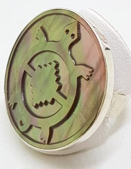 Sterling Silver Mother of Pearl Large Round Turtle Patterned Ring