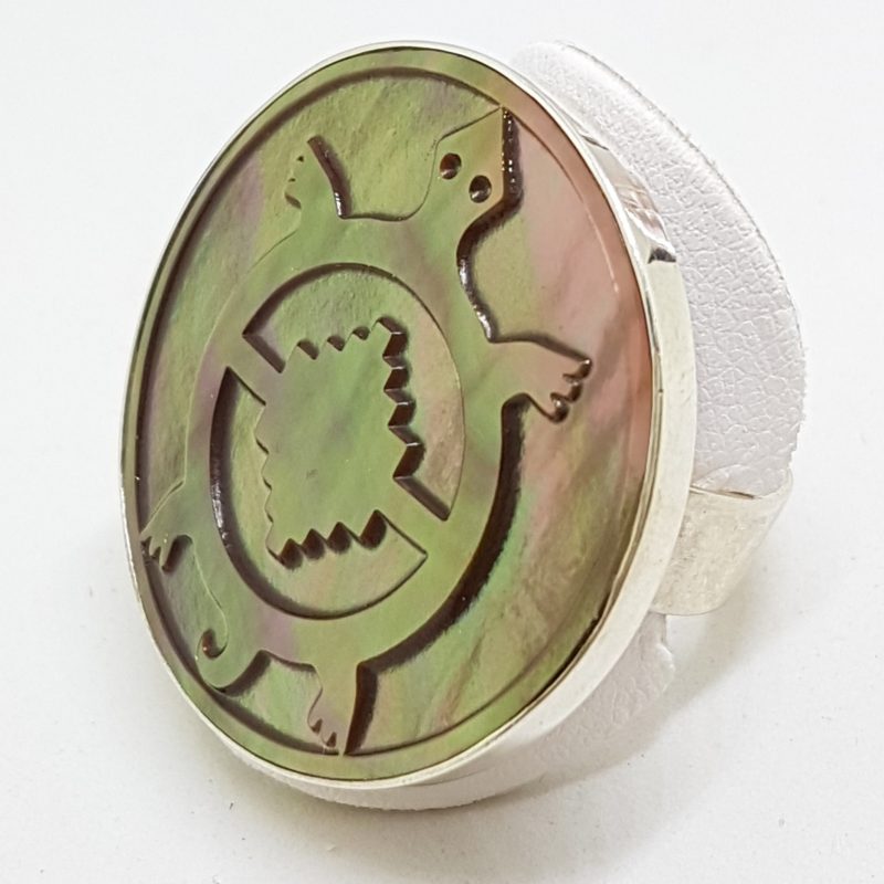 Sterling Silver Mother of Pearl Large Round Turtle Patterned Ring