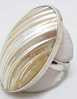 Sterling Silver Mother of Pearl Very Large Oval Patterned Ring