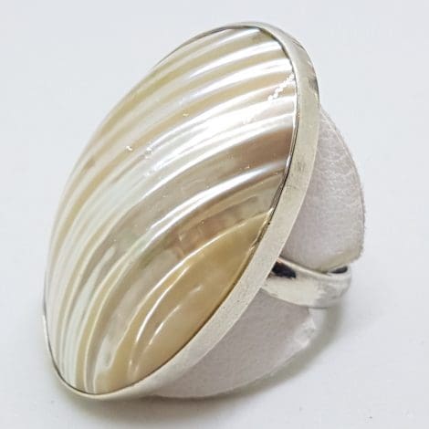 Sterling Silver Mother of Pearl Very Large Oval Patterned Ring