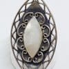 Sterling Silver Ornate Large Marquis Shape White Mother of Pearl Ring