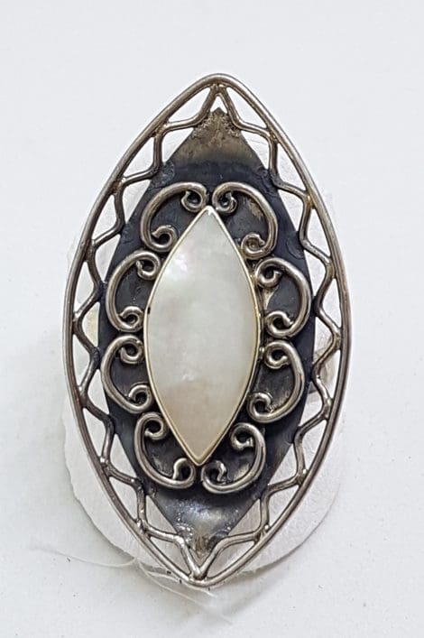 Sterling Silver Ornate Large Marquis Shape White Mother of Pearl Ring