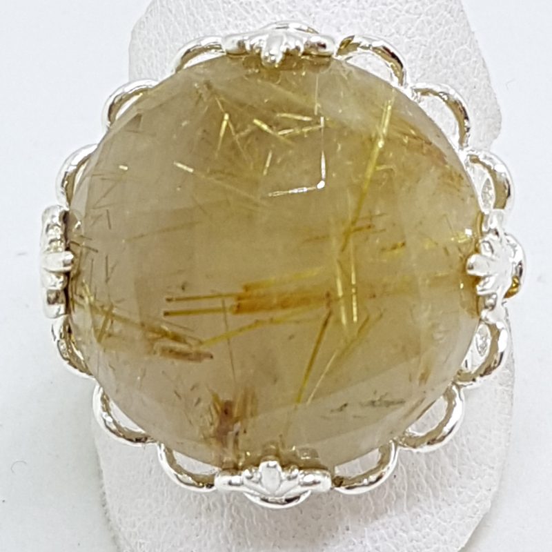 Sterling Silver Rutilated Quartz Large Round Ornate Ring